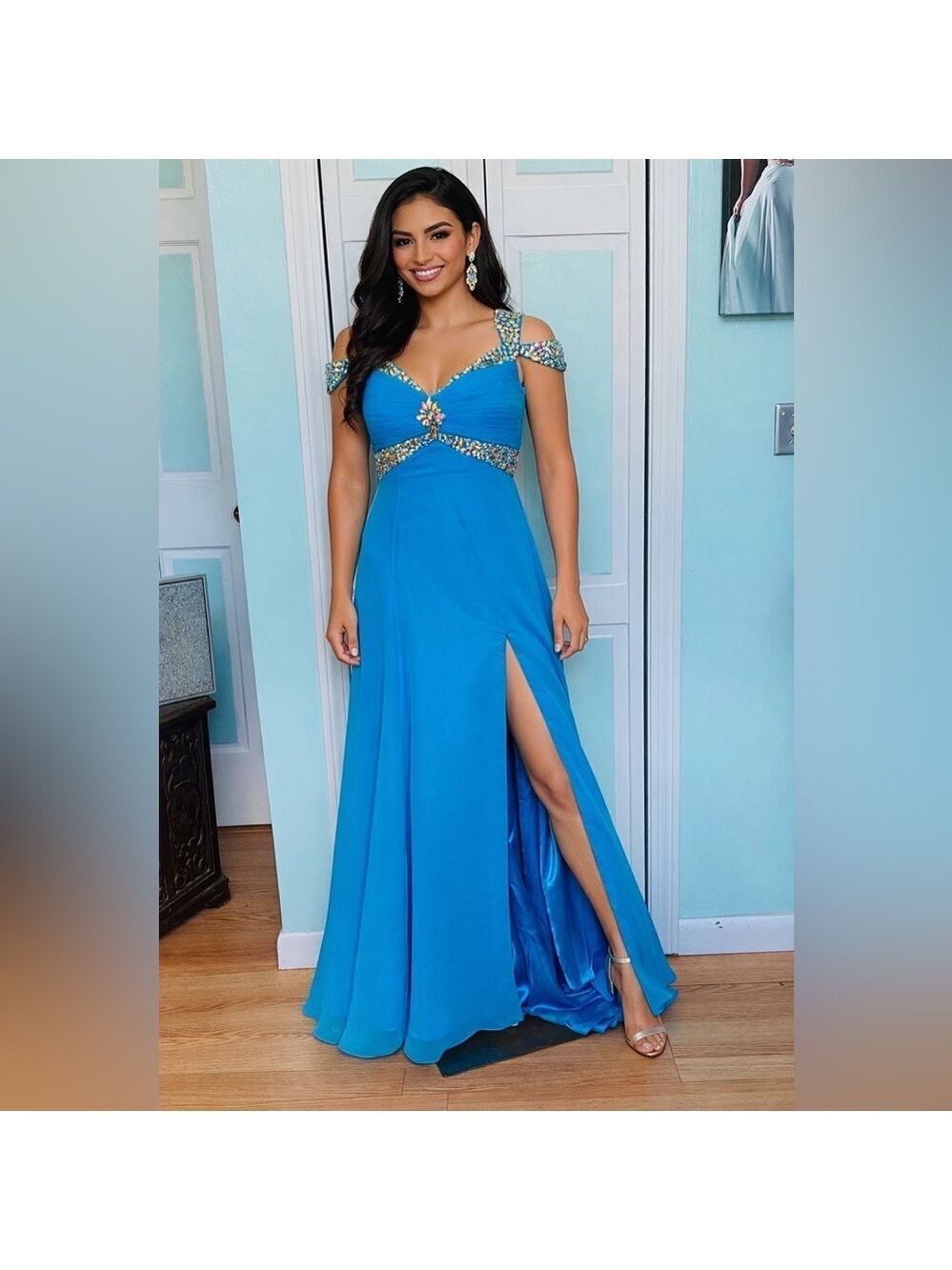 Size 4 Panoply 14617 Aqua Off Shoulder AB Beads Open Back with Slit Prom Dress